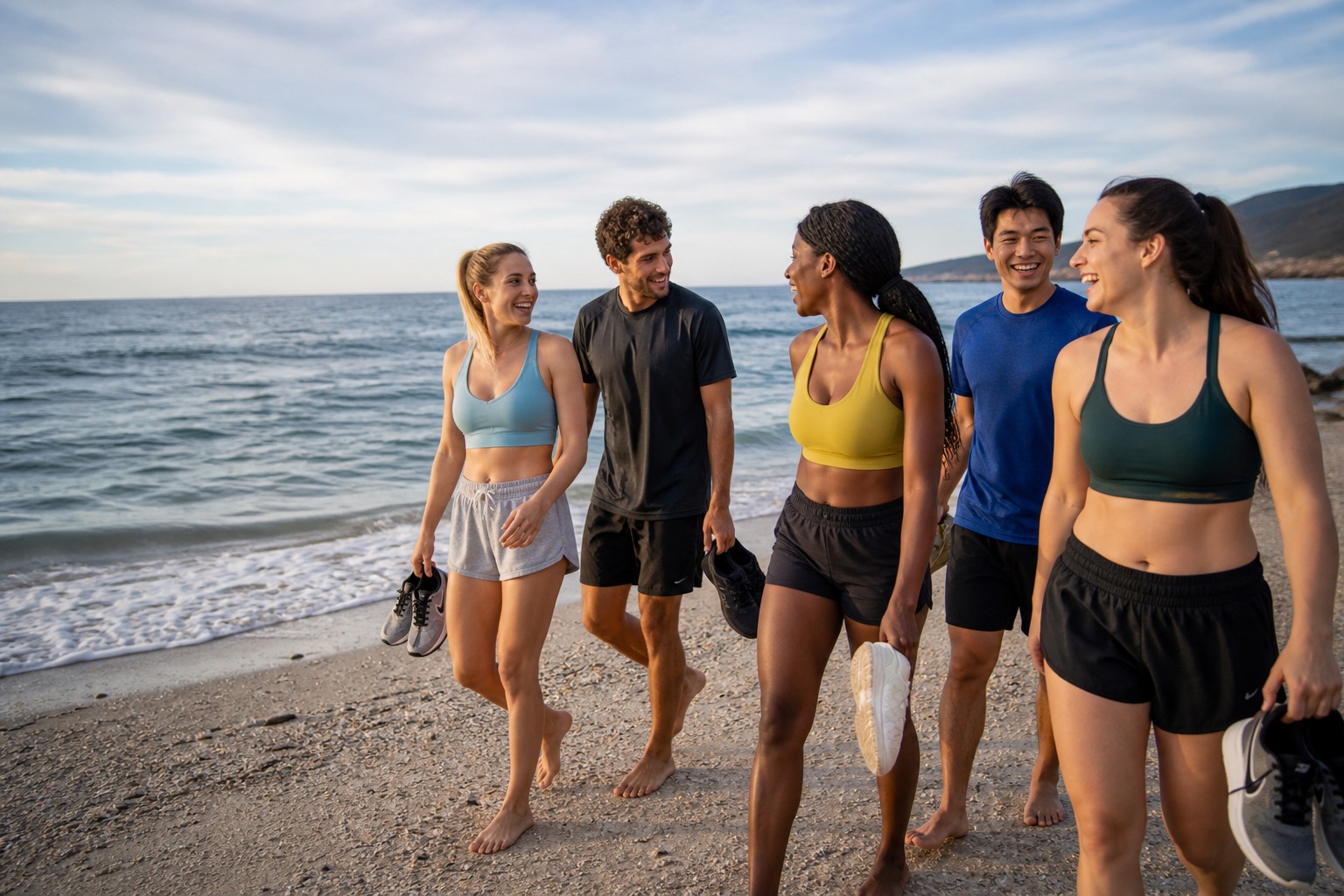 Jovens adultos caminhando à beira-mar depois de correr