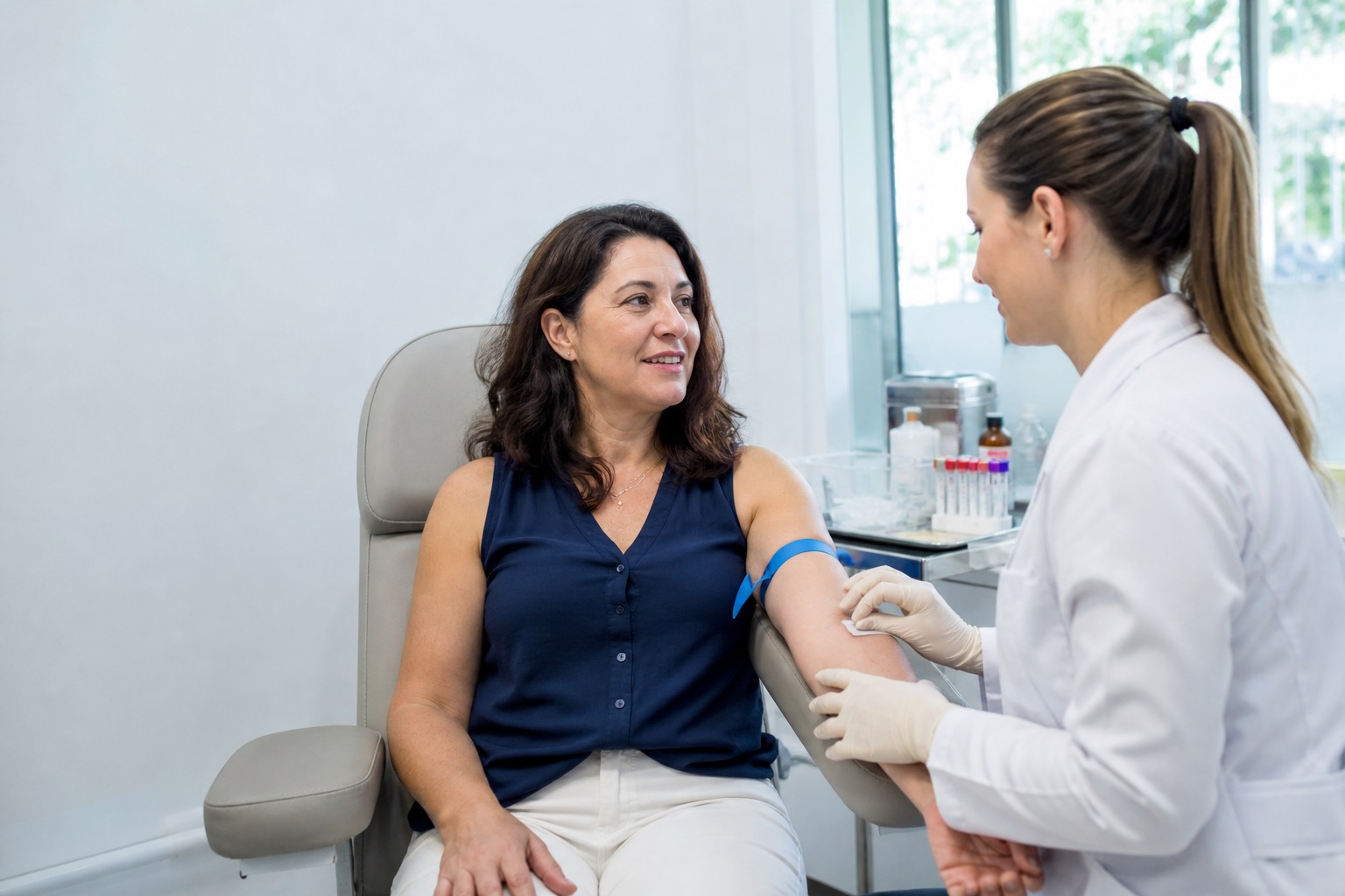 Mulher adulta conversando durante uma coleta de sangue