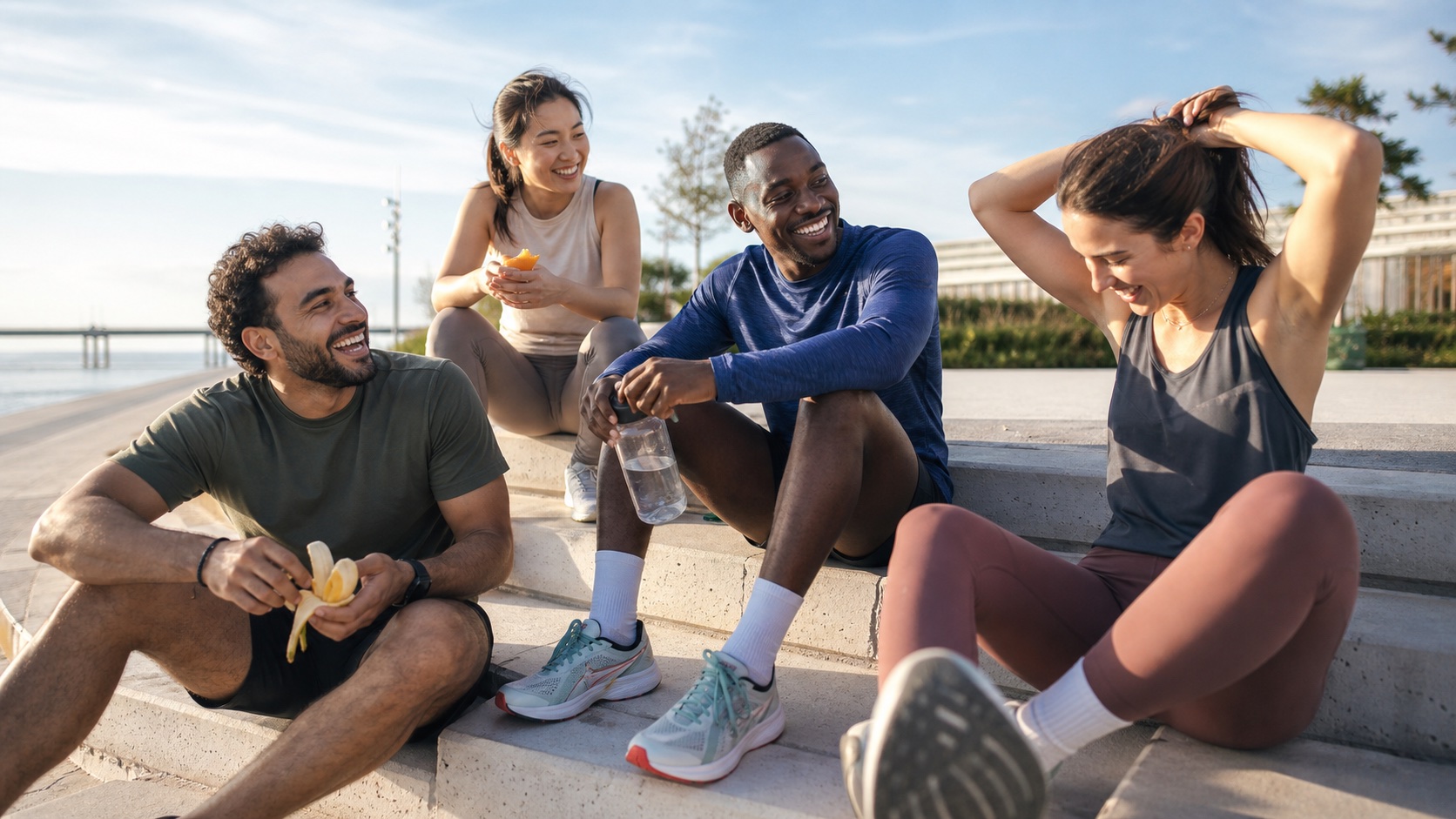 Jovens adultos conversando depois de uma corrida